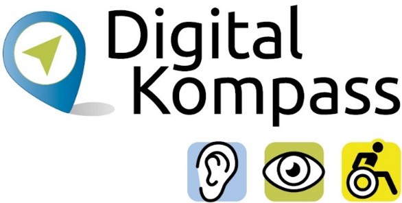 Digital Kompass Logo mit einem Ohr, Auge und Rollstuhlfahrenden